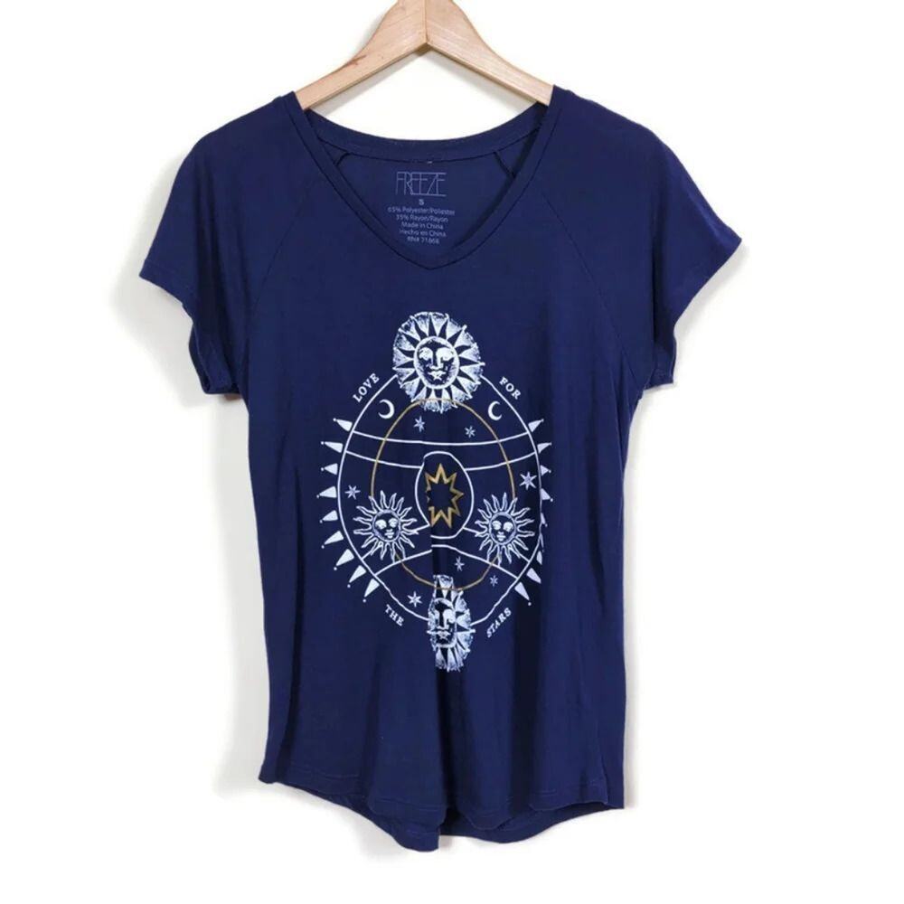 Freeze Celestial Graphic T Shirt Women Size S Navy Blue Short Sleeve Tee